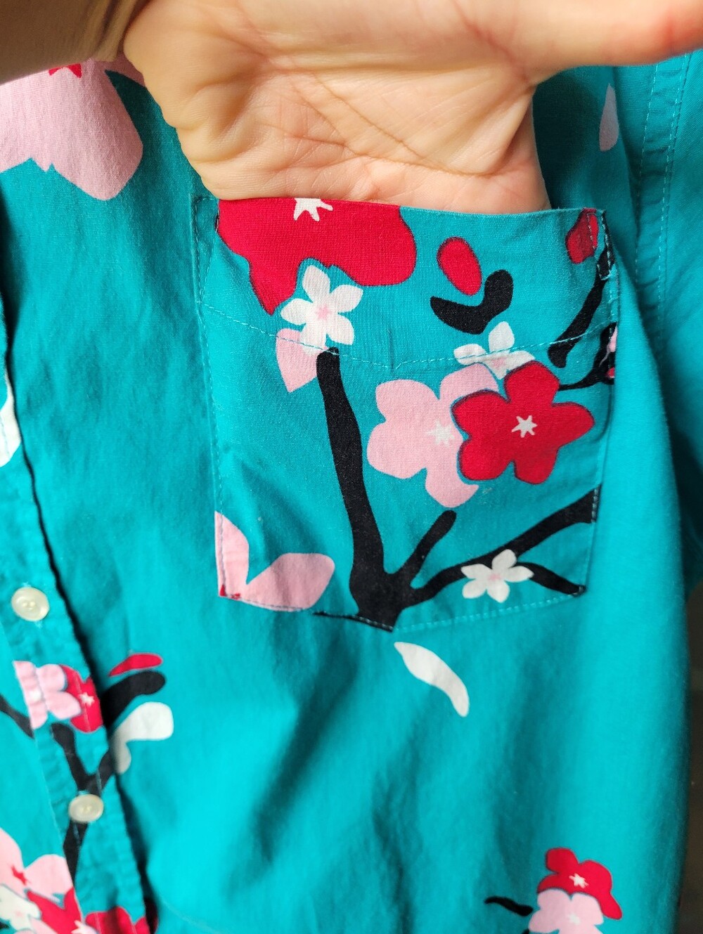Cherry Blossom Five points Men's Medium Blue Short Sleeve Button-Up Shirt pocket - Picture 6 of 9